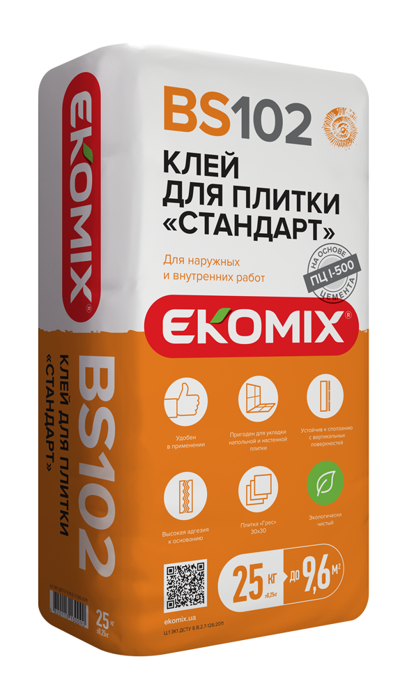 Стандартный клей для плитки BS 102 ТМ EKOMIX для помещений с повышенной влажностью